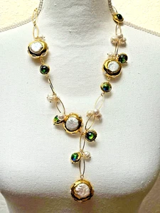 Freshwater Baroque Pearl Necklace Murano Style Iridescent Glass Beads 13-16mm - Picture 1 of 7