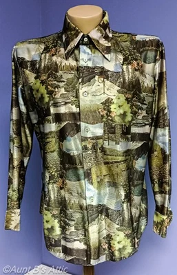 Vintage 70's Men's Ramci Photo Print Green Multi Wide Collar Shirt  XL - Image 1 of 4