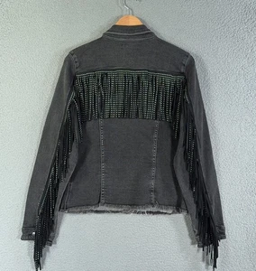 Rock & Roll Denim Jacket Womens Large Black Studded Fringe Western Cowgirl - Picture 1 of 17