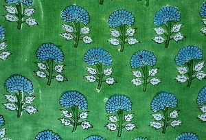 Green Blue Block Print Fabric Indian By the Yard Fabric for Sewing Dressmaking - Picture 1 of 11