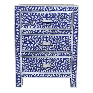 Mother Of Pearl Inlay Floral 3 Drawer Bedside Blue - Picture 1 of 4