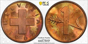 1963 B Switzerland 1 Rappen PCGS MS66 RB Pop 2/0 in RB  Attractive Toning   2081 - Picture 1 of 5