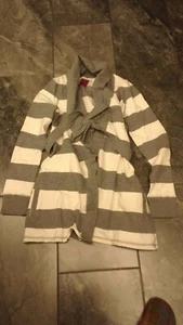 NWT POOF LOUNGEWEAR WOMENS JUNIOR COTTON SPANDEX FLEECE STRIPE ROBENPINK GREY S/ - Picture 1 of 4