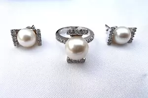 MAGNIFICENT FRENCH SET OF 18K WHITE GOLD DIAMOND PEARL RING AND PAIR OF EARRINGS - Picture 1 of 13