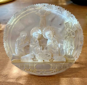 PLACA ANTIGUA DE COLECCIÓN TALLADA A MANO MADREPERLA BELÉN CRISTIANO NACIMIENTO DE CRISTO - Imagen 1 de 12