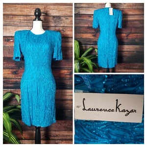 Laurence Kazar Dress Size Medium Petite Silk Handmade Beaded Sequin Blue Vintage - Picture 1 of 14