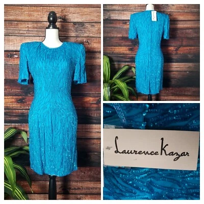 Vestido Laurence Kazar Talla Mediana Pequeña Seda Hecho a Mano Cuentas Lentejuelas Azul De Colección Foto 1 de 4