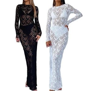 Schmales langes Kleid Maxikleid Nachtclub Party durchsichtig 1tlg Bodycon Print - Picture 1 of 41