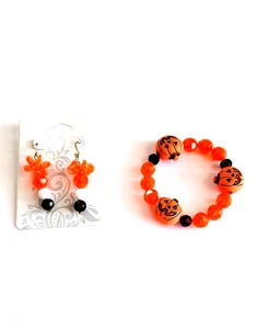 Handgefertigtes Perlen Halloween Stretch Armband und Ohrringe Orange Schwarz Weiß - Bild 1 von 4
