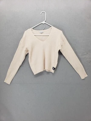 Calvin Klein Jeans Sweater Womens Small Cream Ribbed V Neck Pullover Patch Top - Image 1 of 4