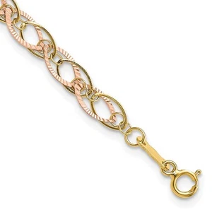 14K Solid Two Tone Gold Oval Link Chain Bracelet - Picture 1 of 12
