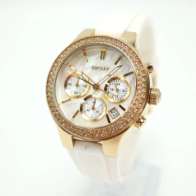 DKNY Womens Gold Tone Chronograph Watch 38mm MOP Date Dial White Silicone Strap - Image 1 of 4