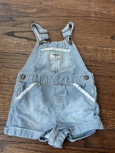 Girl's Oshkosh Jean Shortalls Overalls Size 18 Months Striped With Floral Trim - Picture 1 of 6