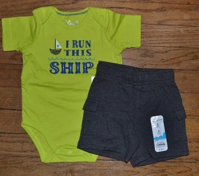 I Run This Ship Nautical Theme Summer Outfit Sailboat Bodysuit & Shorts 6 Month - Image 1 of 3
