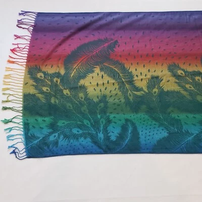 Bufanda Pashmina 100% Lana Cachemira Multicolor Estampado Pluma Pavo Real 67 x 27 Foto 1 de 4