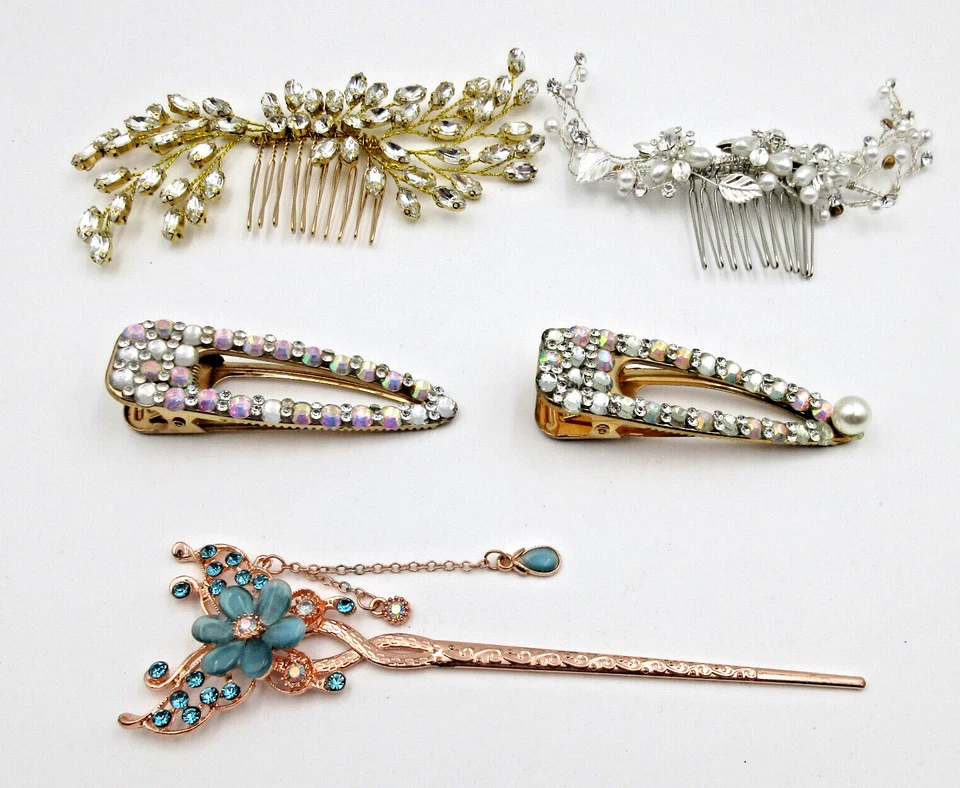 LOTE DE COLECCIÓN ELEGANTE CONJUNTO ESTRÁS IMITACIÓN PERLA ORO TONO PLATA BARETES PINZA PARA EL PELO Foto 1 de 4