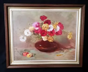 Flowers In Vase Oil Painting Signed By E Austin 1985 23.25" Wide Cottagecore - Picture 1 of 5