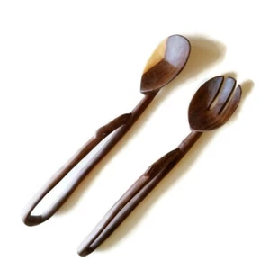 Vintage Hand Carved Wood Serving Utensils With Birds Handles Spoon Fork Spork - Picture 1 of 8
