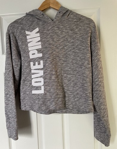 UNDERCOVER Victoria's Secret ROSA Grigio Cropped Pullover Felpa con Cappuccio Donna Extra Small XS