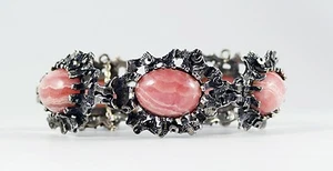 Vintage Brutalist Handwerk Sterlingsilber Rhodochrosit Cabochon Panel Armband - Bild 1 von 9