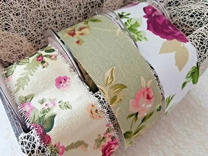Bertie's Bows VINTAGE FLORALS - Linen Printed Fringe edge Ribbon 50mm - 3 SHADES - Picture 1 of 8