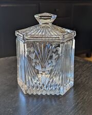 VTG Crystal Clear Ribbed Handcut 24% Lead Crystal Biscuit Jar w/ Frosted Etching