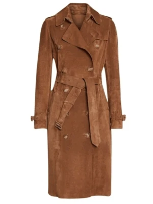 Handmade Classic Wear Italian Womens Brown Pure Suede Leather Trench Coat - Image 1 of 4