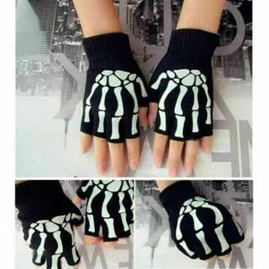 1Pair Gothic Knitted Black with White Skeleton Bones Fingerless Gloves Punk - Picture 1 of 9