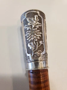 Antique Chinese Export Silver Repousse Vintage Swagger Knob Walking Stick Cane - Picture 1 of 8