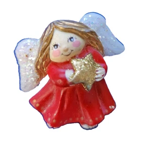 Fun World PIN Christmas Vintage ANGEL RED with Gold Star GLITTER 1980s Brooch - Picture 1 of 3