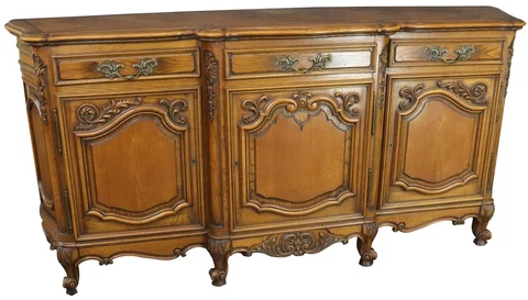 Sideboard Louis XV Rococo French Vintage 1950 Carved Oak 3-Door 3-Drawer Cover