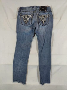Pantalones de mezclilla Miss Me para mujer 29 corte bota dobladillo crudo adornados vaquera occidental azul - Imagen 1 de 11