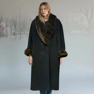 Abrigo Anne Klein Vintage Negro 100% Lana Estructurada con Ribete de Piel Sintética Talla 10 - Imagen 1 de 9