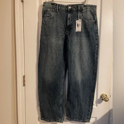 NWT Mango MNG Barrel Leg Ballon Dark Blue Jeans 12 Basic Preppy Western Festival - Image 1 of 4