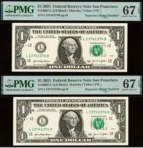 Matching District & Serial Numbers Repeater 2021 $1 FRN PMG 67EPQ 13741374 - Picture 1 of 6