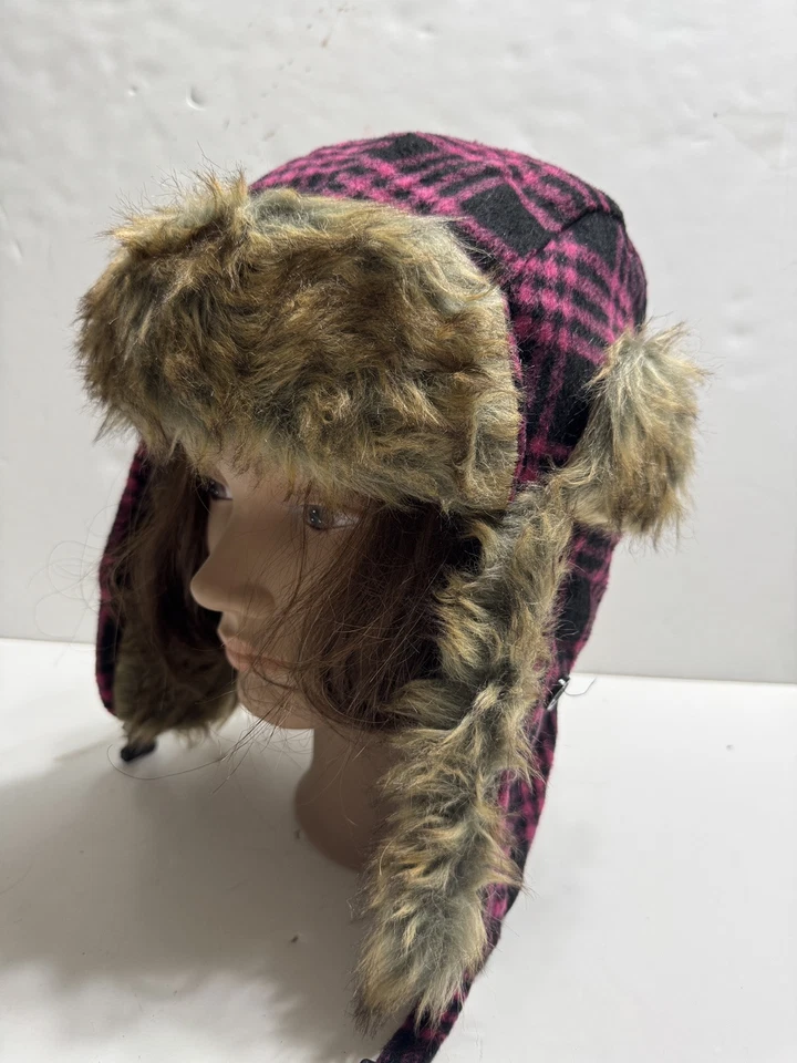 飞行员女式帽子带扣全新带标签粉色/黑色格子人造毛皮尺寸 S/M — 第 1/4 张图片