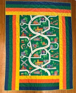 Vintage Handmade Atozy Style Play Streets Town Bear on Bicycles Map Cotton Quilt - Picture 1 of 9