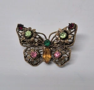 Vintage (Old) Gold Tone Filigree And Glass Rhinestone Butterfly Brooch Pin - Picture 1 of 9