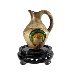 Small Decorative Souvenir Pitcher w Indigenous Motif & Black Display Stand - Picture 1 of 8