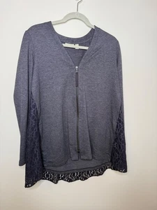 LOGO Lounge Lori Goldstein Women's S Blue Zip Cardigan Cozy Lace Hem and Back - Picture 1 of 10