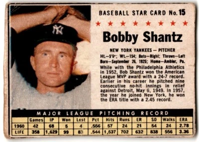 1961 Post Cereal Bobby Shantz #15 GLUED New York Yankees - Image 1 of 2