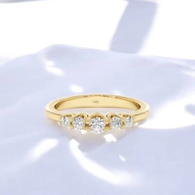 Elegant 14k Solid Gold 5-Diamond Wedding Band Lab Grown Diamond Ring for Her - Image 1 of 4