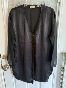 VTG Victoria Secret Satin Night Shirt Gold Label Black Buttons Sheer Sleeve M/L - Picture 1 of 6