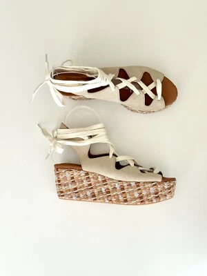 NEW SEE BY CHLOE Nude Suede Platform Lace Up Raffia Wedge Sandals Size 38 (US8) - Image 1 of 4