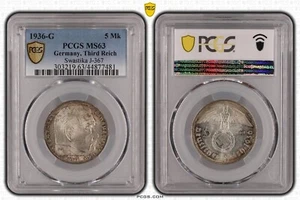 PCGS MS63 1936-G 5 Mk Reichsmark Hindenburg J-367 Drittes Reich Silber Deutschland WW2 - Bild 1 von 4