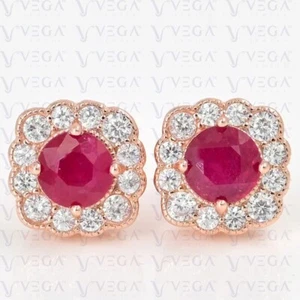 3.71Ct Round Shape Natural Pink Ruby & Diamond Stud Earring 14K Solid Rose Gold - Picture 1 of 9