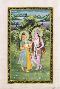 Pintura de Radha Krishna de escena de amor indio bellas artes sobre tela de seda 7x11 pulgadas - Imagen 1 de 7