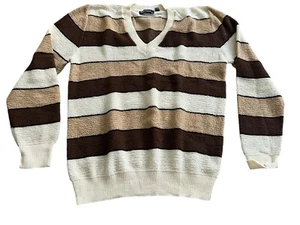 Damon Pullover V-Ausschnitt Pulli Acryl gestreift braun Vintage 90er Damen Gr. Large - Bild 1 von 7