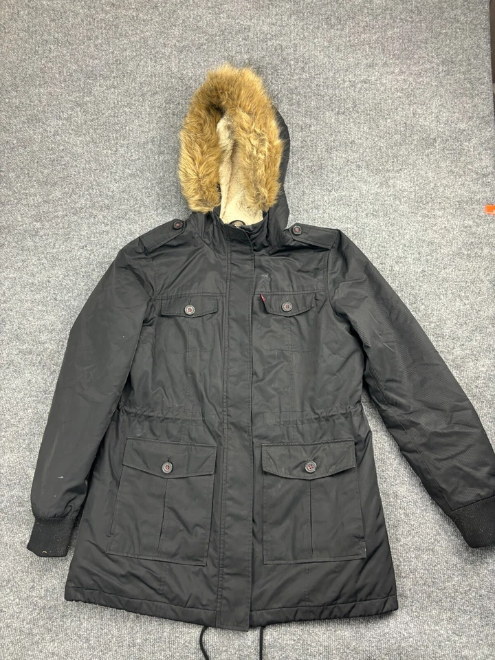 Chaqueta Parka Levi's Para Mujer Grande Negra Forrada Sherpa Piel Capucha Cremallera Completa Carga Foto 1 de 4