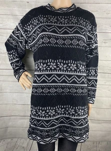 True Vintage Carly Black Tunic Sweater Large Black Metallic Silver Patterned - Picture 1 of 12